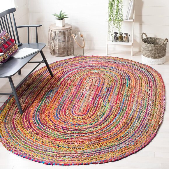 New 6x9 Oval Cape Cod Rug, Handmade Braided Jute & Cotton Carpet - Red & Multi